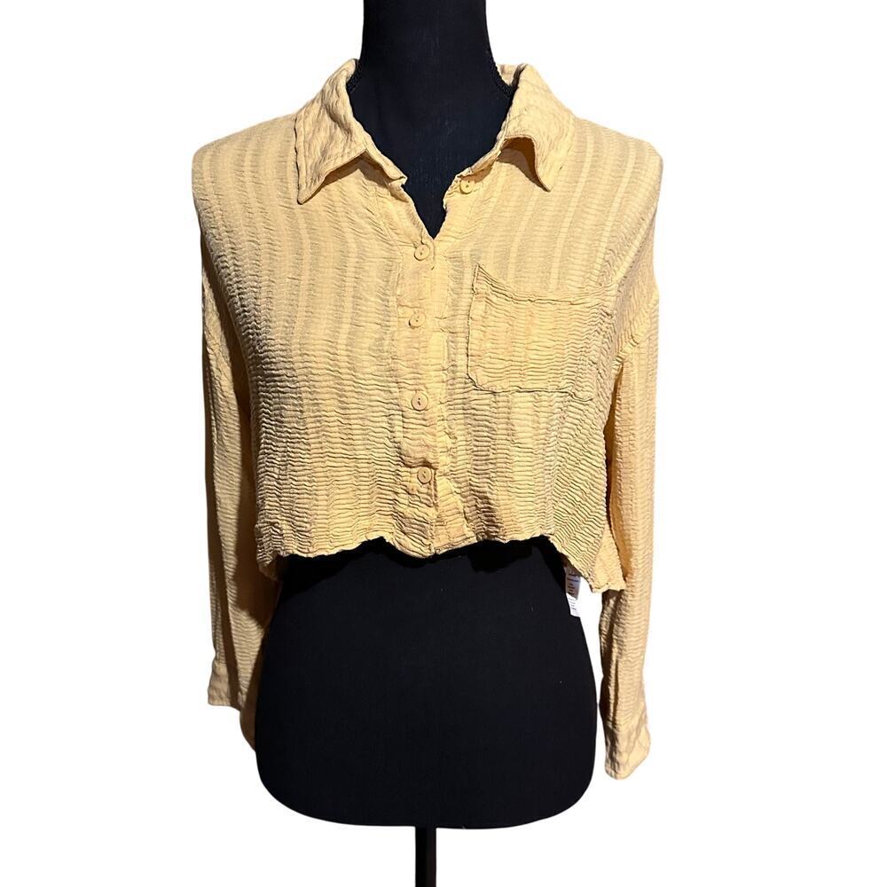 Lulus Mustard Yellow Cropped Button Front Shirt Women's M Medium